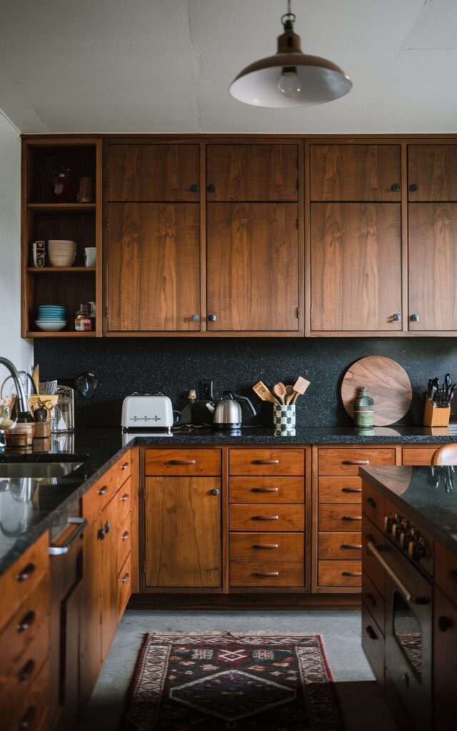 A photo of a mid-century modern + rustic kitchen with alder cabinets and a dark granite countertop for a striking contrast. The countertop has essentials, such as a kettle, a toaster, and a few utensils. There is a rug on the floor. The ceiling has a pendant light. The lighting is ambient and soft.