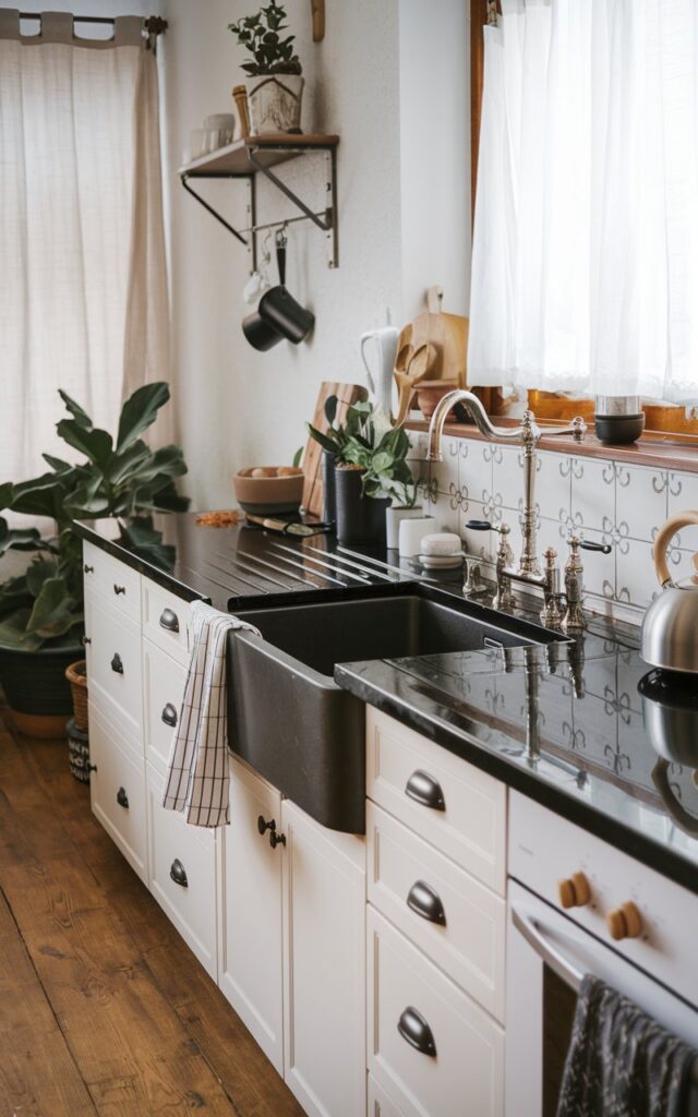 A mid shot view of a fully-furnished modern Cottagecore + Boho kitchen. There's a matte black sink with a metallic faucet and a shiny black countertop with essentials. There's a white designed backsplash behind the sink. The countertop has a few items, including a plant, a bowl, a wooden spoon, and a tea kettle. The floor is made of wooden planks. There's a potted plant near the sink. The background contains a window with a curtain and a shelf with a few items.