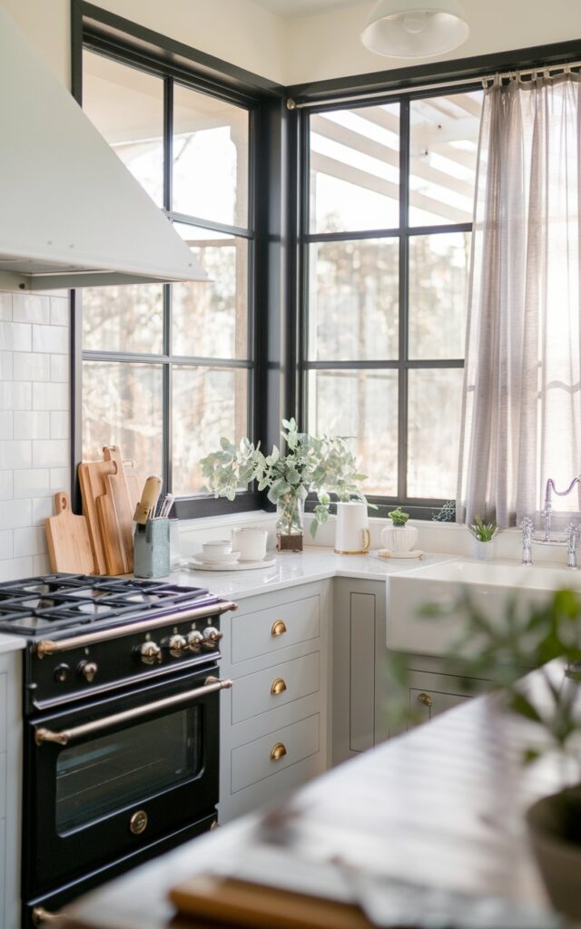 A photo of a fully-furnished modern farmhouse with a coastal black kitchen. The kitchen has a black-framed window with sheer curtains. There's a corner angle shot of the kitchen with a stove, oven, and a sink. The lighting is soft and natural.