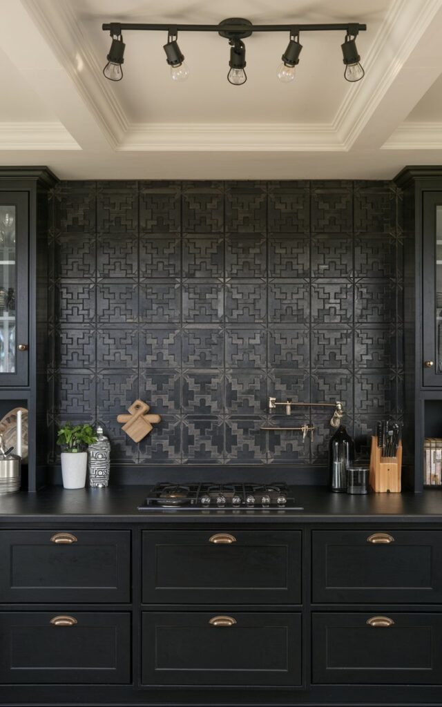 A photo of a fully-furnished modern farmhouse black kitchen with a black backsplash in intricate geometric patterns. The ceiling has lights. The room is filled with soft natural light.