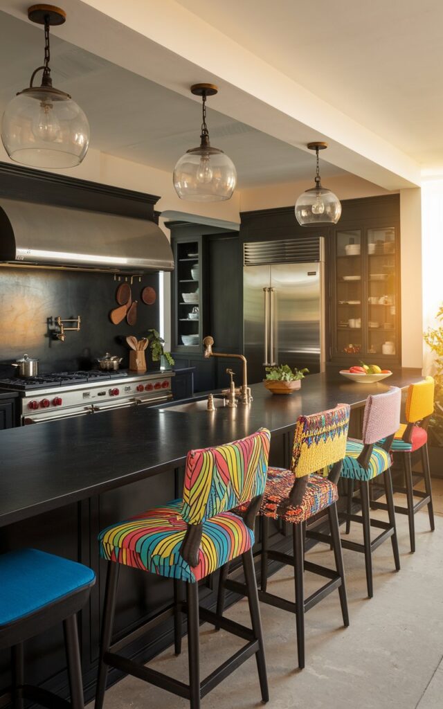 A wide shot photo of a fully-furnished modern French country black kitchen. The kitchen has black counters and is equipped with a stove, oven, refrigerator, and sink. There are bold, colorful barstools with funky patterns. The lighting is soft and natural, with the golden hour illuminating the space.