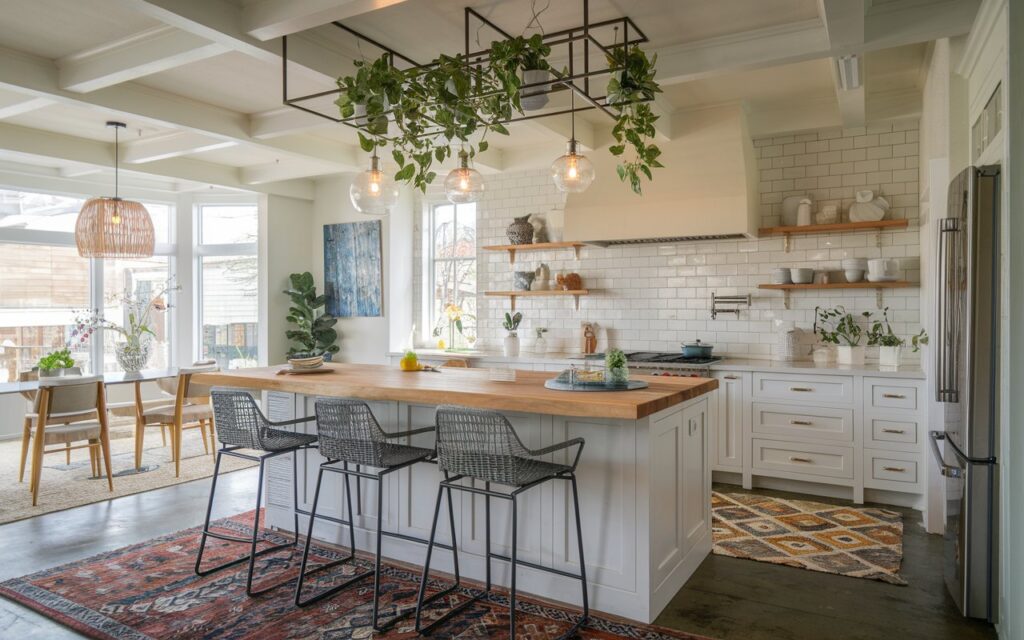 A photo of a transitional kitchen with a fully-furnished modern kitchen island. The island has a wooden countertop and a few bar stools. There's a patterned rug under the island. The suspended ceiling has plants and pendant lights. The lighting is warm and diffused.