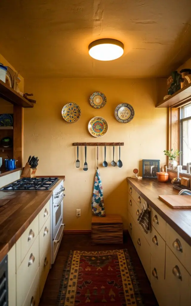 A wide shot of a fully-furnished modern craftsman kitschy kitchen with warm lighting. There is a ceiling light overhead. On the wall, there are colorful ceramic plates and utensils as decor. The countertops are made of wood. There is a rug on the floor.