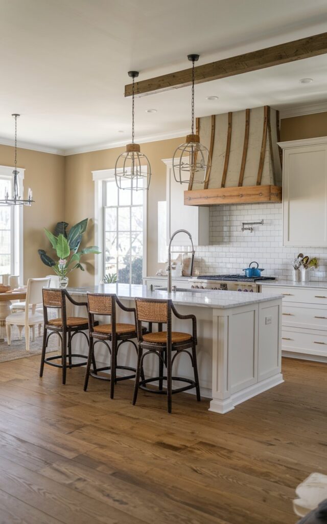 A photo of a modern farmhouse kitchen with a stainless steel vent hood with wooden accents. The kitchen has a wooden floor and is furnished with a white island with a marble countertop, white cabinets, and a stainless steel sink. There are also a few pieces of furniture, including a dining table and chairs. A potted plant adds a touch of greenery. The walls are painted beige.