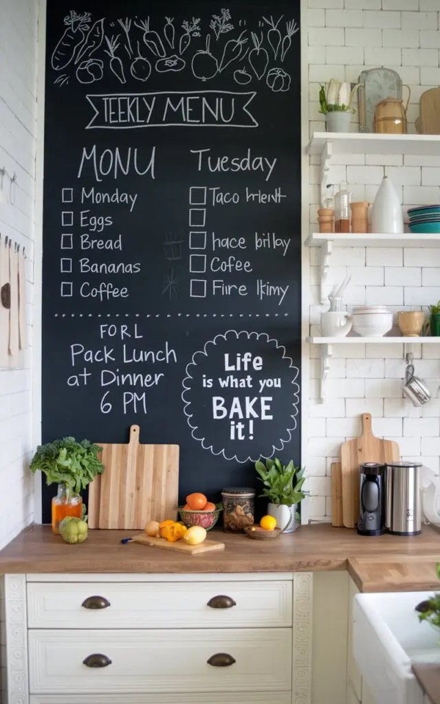 A photo of a fully-furnished modern farmhouse kitschy kitchen. There's a chalkboard wall with the weekly menu and grocery list. The menu includes Spaghetti Night on Monday and Taco Tuesday on Tuesday. The grocery list includes eggs, milk, bread, bananas, and coffee. There's a quote on the wall that says "Life is what you bake it!". There's also a reminder to pack lunch and dinner at 6 PM. The chalkboard wall has doodles of vegetables.