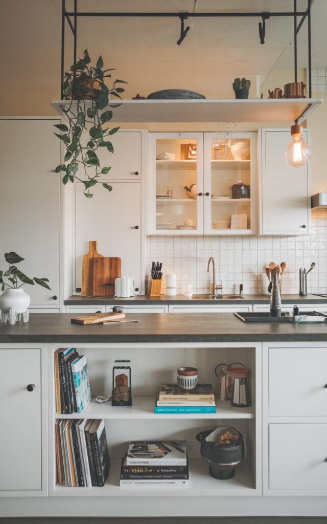 A photo of a modern Scandinavian kitchen with a fully-furnished island. The island has built-in shelves with a few books, decor items, and plants. The kitchen has white cabinets and a dark grey countertop. There's a wooden cutting board and a few utensils on the counter. The lighting is warm and soft.