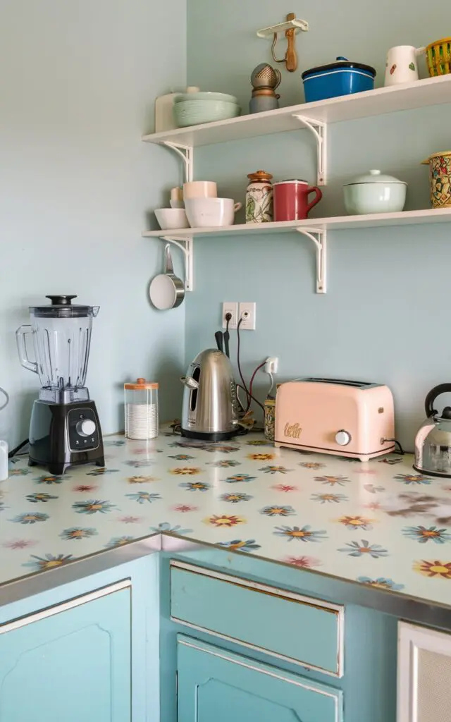 A photo of a fully-furnished modern kitschy kitchen with a funky floral patterned vinyl on the countertop. There are various kitchen essentials on the countertop, such as a blender, a toaster, a coffee maker, and a kettle. The walls are painted with a light blue color. The lighting is even.