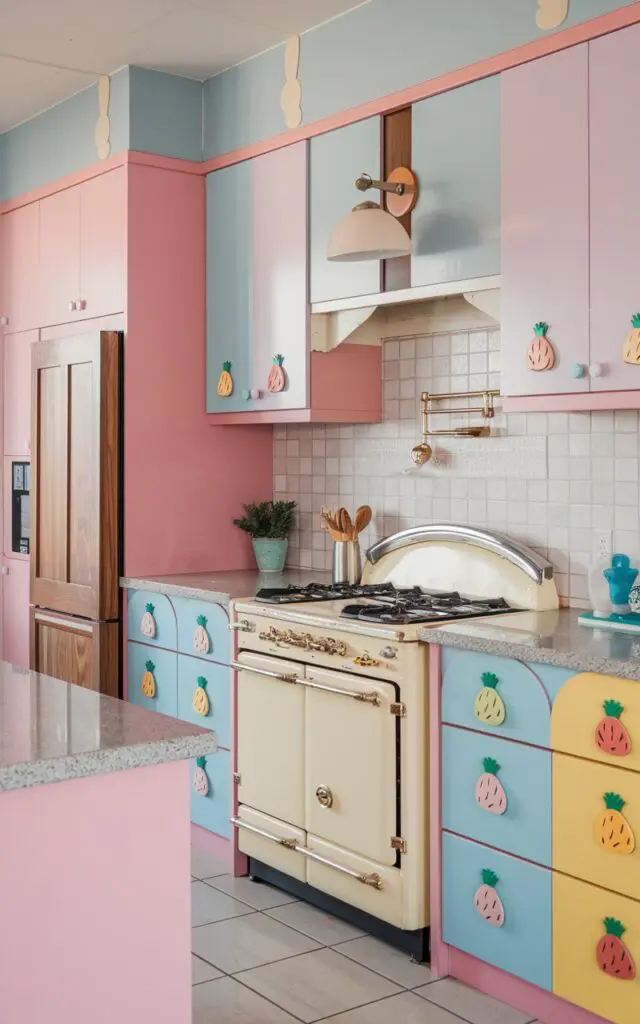 A photo of a fully-furnished modern kitschy kitchen. The cabinet handles are in the shape of funky fruits, such as watermelons and pineapples. There is a vintage-style stove and a refrigerator with a wooden door. The countertops are made of granite. There is a light fixture above the stove. The floors are tiled. The lighting is soft and even.