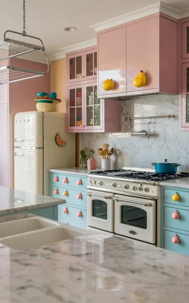 A photo of a fully-furnished modern kitschy kitchen. The cabinets are in pastel shades, and the cabinet handles are in funky fruit shapes. There is a vintage refrigerator and a stove with a double oven. The countertops are made of marble. There is a hanging pot rack above the stove. The lighting is soft and even.