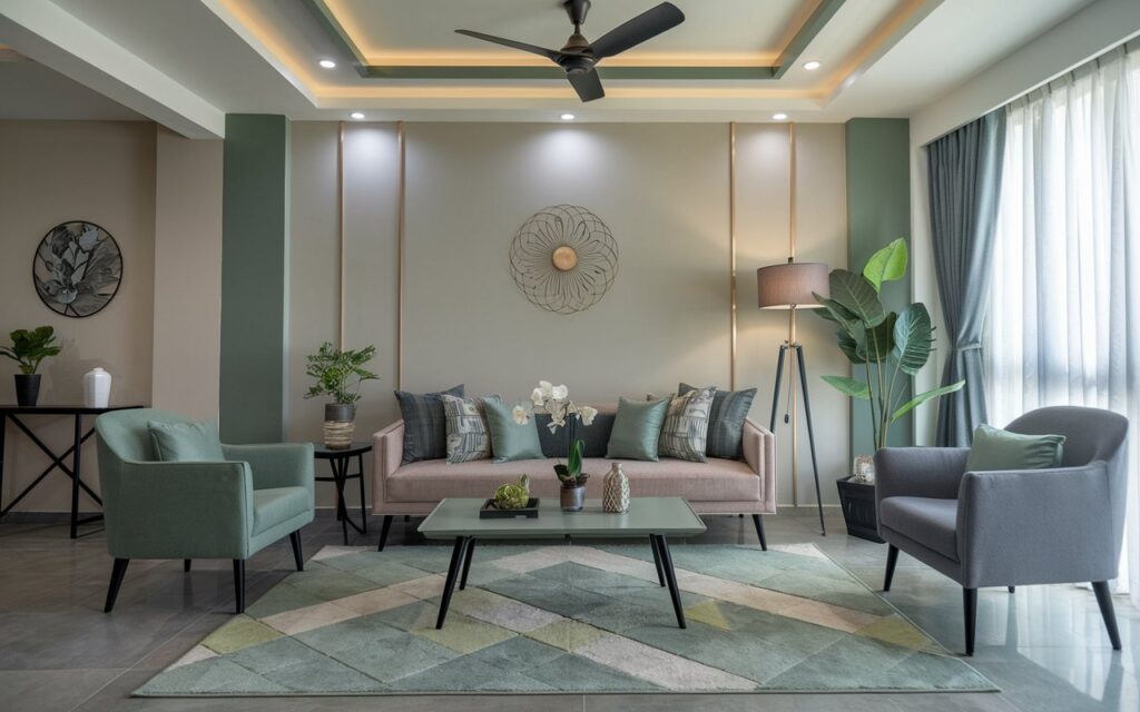 A photo of a fully-furnished modern living room with grey and green accents on the wall, furniture, rug, and ceiling. The room has a sofa, a coffee table, a floor lamp, a potted plant, and a wall decoration. The ceiling has a light and a fan. The natural lighting is diffused and soft.