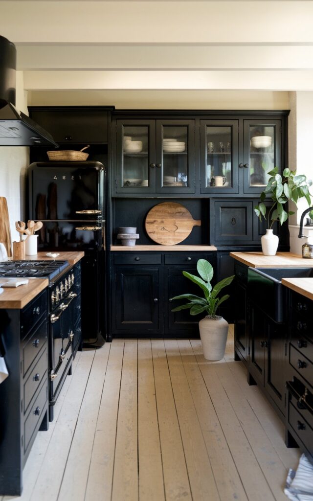 A photo of a fully-furnished rustic chic modern black kitchen. The kitchen has black cabinetry and pale oak flooring. There are various kitchen appliances, including a black gas range, a black refrigerator, and a black sink with a black faucet. A wooden cutting board and a knife are placed on the counter. A potted plant and a white vase are placed on the oak flooring. Soft, natural lighting illuminates the space.
