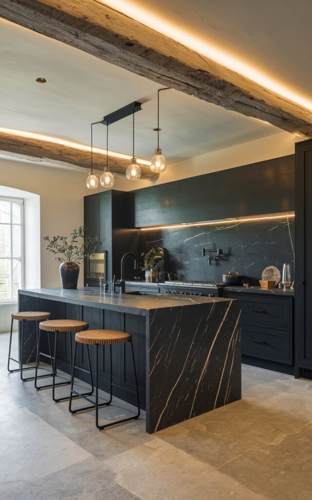 A photo of a fully-furnished rustic modern black kitchen. The kitchen has a veining black marble waterfall island with stools. There is an exposed beam ceiling with light. The lighting is soft and warm.