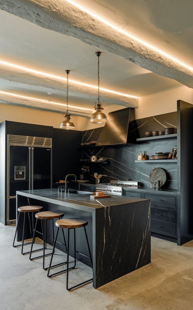 A photo of a rustic modern kitchen with a veining black marble waterfall edge island. The kitchen has a fully-furnished interior with a stove, oven, refrigerator, and sink. There is an exposed beam ceiling with light. The lighting is soft and warm.
