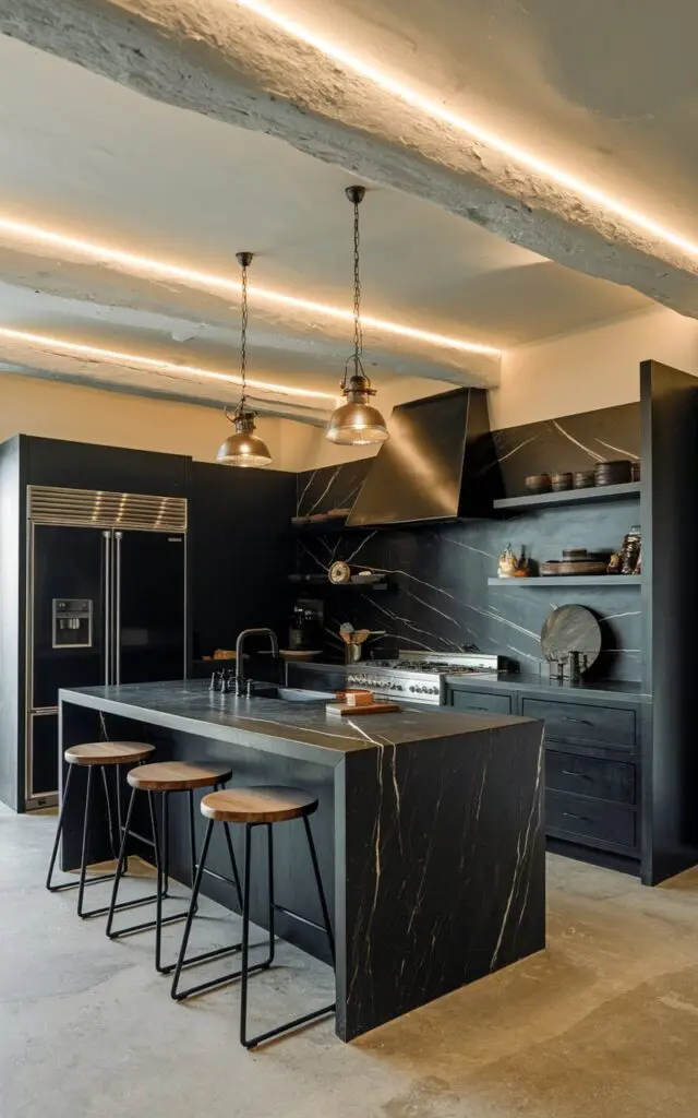 A photo of a rustic modern kitchen with a veining black marble waterfall edge island. The kitchen has a fully-furnished interior with a stove, oven, refrigerator, and sink. There is an exposed beam ceiling with light. The lighting is soft and warm.