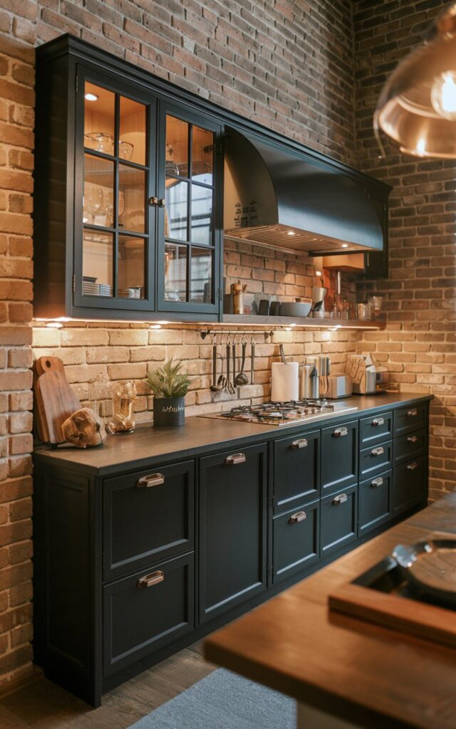 A photo of a fully-furnished rustic modern black kitchen with black cabinets against a brick wall. The kitchen has a rustic modern mix. The eye-level angle captures the details of the kitchen. Warm ambient lighting illuminates the space.