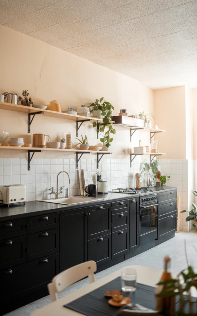 A photo of a fully-furnished Scandinavian modern black kitchen with black lower cabinets and open upper shelves. The kitchen has a popcorn ceiling and is illuminated by soft, warm natural light. The kitchen contains a few essential items, such as a kettle, a toaster, and some plants. The overall space is clean and minimalistic.