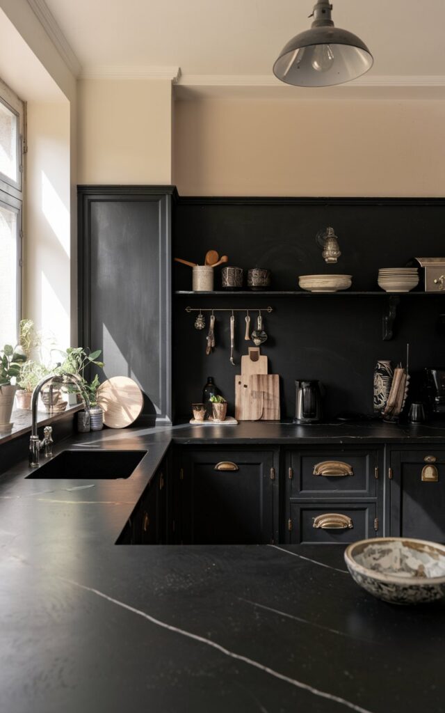 A photo of a fully furnished shabby chic modern black kitchen. The kitchen has black countertops with subtle veining. There is a light fixture hanging from the ceiling. The natural light is soft and warm.
