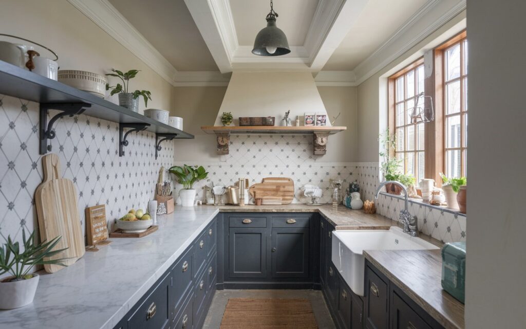 A photo of a small galley kitchen with a shabby chic and rustic style. The kitchen has dark cabinets and a marble countertop. There is a light and dark patterned backsplash. The ceiling is trimmed and has a bell-shape pendant light. The kitchen is attractive and neat, with a soft, even lighting. There are a few plants in the kitchen.