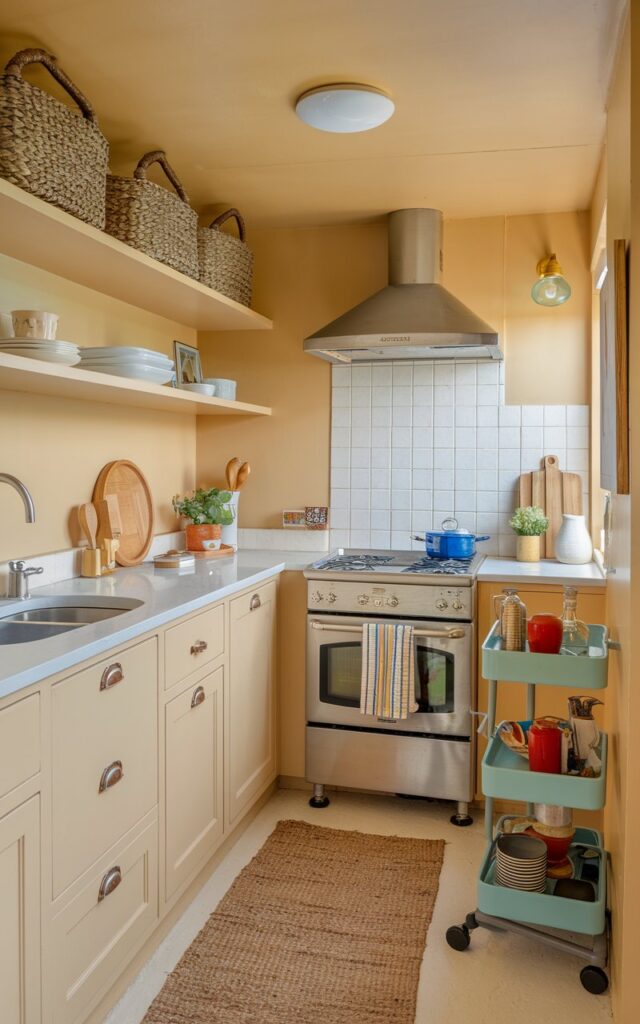 A photo of a fully-furnished small galley kitchen in warm beige color. There is a stove, oven, and sink along the wall. A rolling cart with essentials is placed near the counter. Accessories in bright contrasting colors are placed on the counter. Woven baskets are placed on high shelves for stylish, accessible storage.