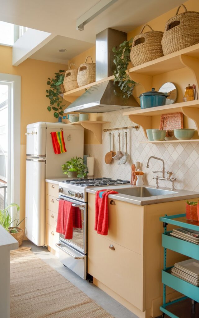A photo of a fully-furnished small galley kitchen that has a stove, oven, sink, and refrigerator. Weaved baskets are placed on high shelves for stylish, accessible storage. There are accessories in bright contrasting colors, such as a red kitchen towel, green plants, and blue pots.