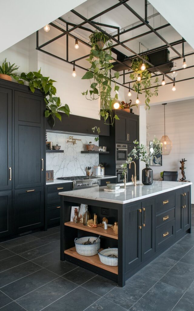 A photo of a fully-furnished transitional modern black kitchen with a suspended ceiling containing plants and light fixtures. The black cabinetry has a few plants on top. There's a white island in the middle with a marble top and a few items. The floor is made of dark gray tiles.