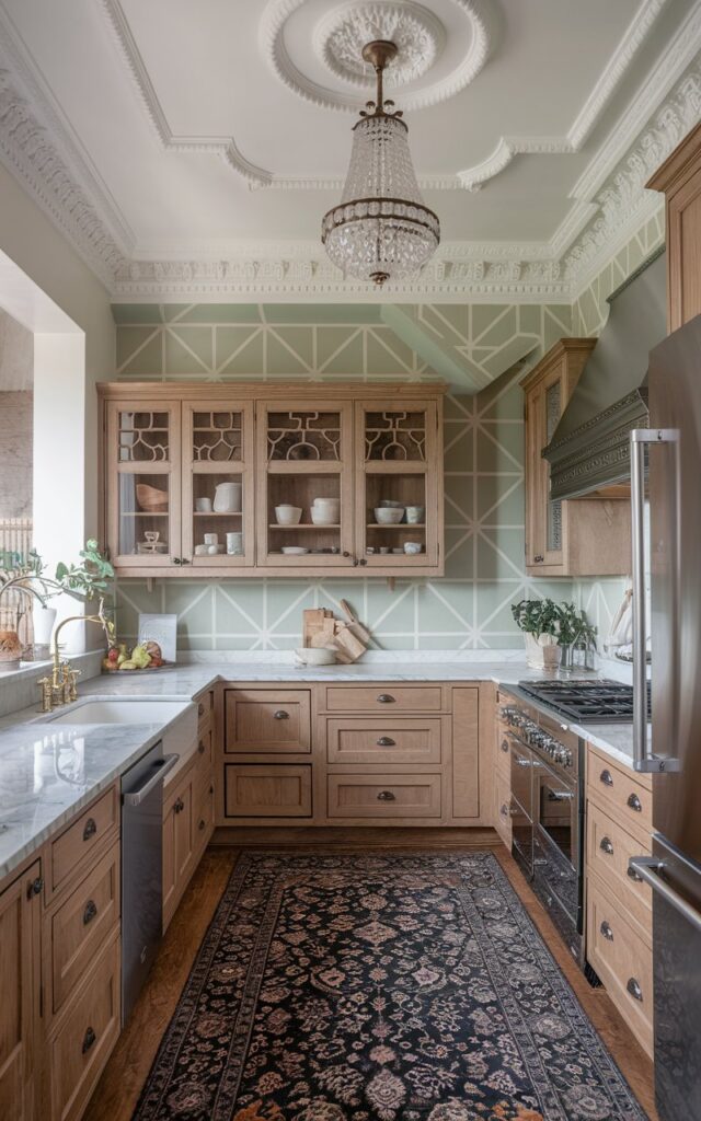 A photo of a maximalist-style kitchen with shaker-style wood cabinets and sage green geometric wall decals. The kitchen is fully furnished with a marble countertop, a sink, a stove, a refrigerator, and a dishwasher. There is a detailed trim ceiling with a chandelier. The floor is covered with a patterned rug. The space is illuminated by soft, even natural light.