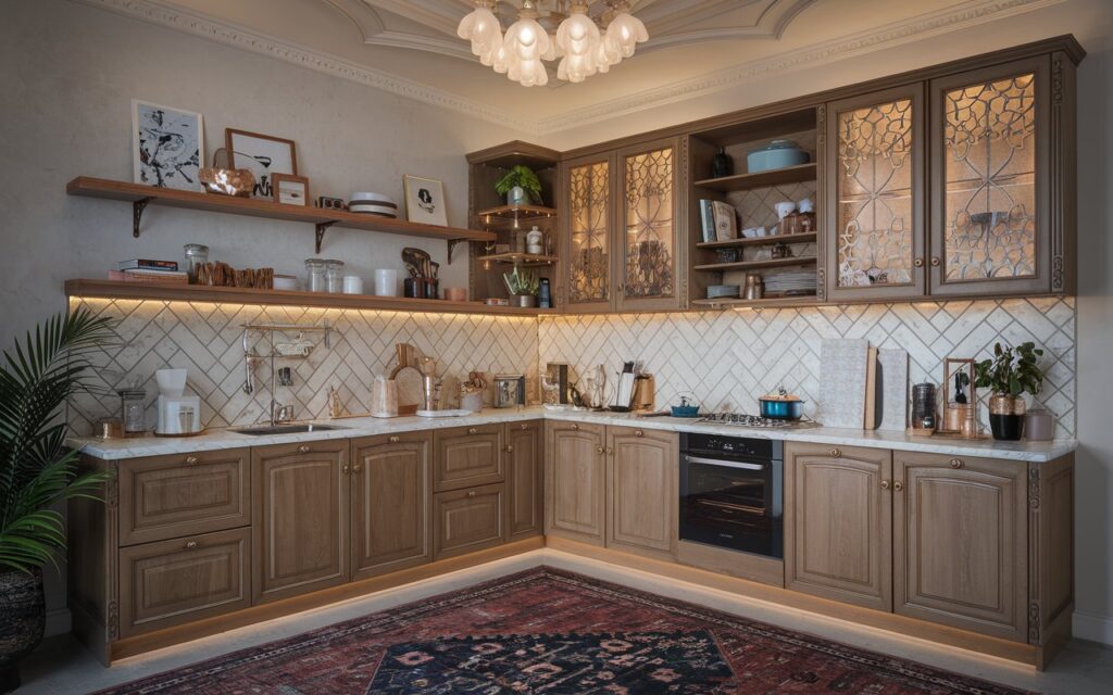 A photo of a mid-century modern and shabby chic alder kitchen with intricate carving and floral-shaped patterned glass knobs. The cabinets have LED underlighting and herringbone panels. The kitchen is fully furnished with kitchenware, a plant, decor, and a floating shelf with essentials. There's a contrasting rug on the floor and a detailed ceiling with a cluster chandelier. The lighting is soft and ambient.