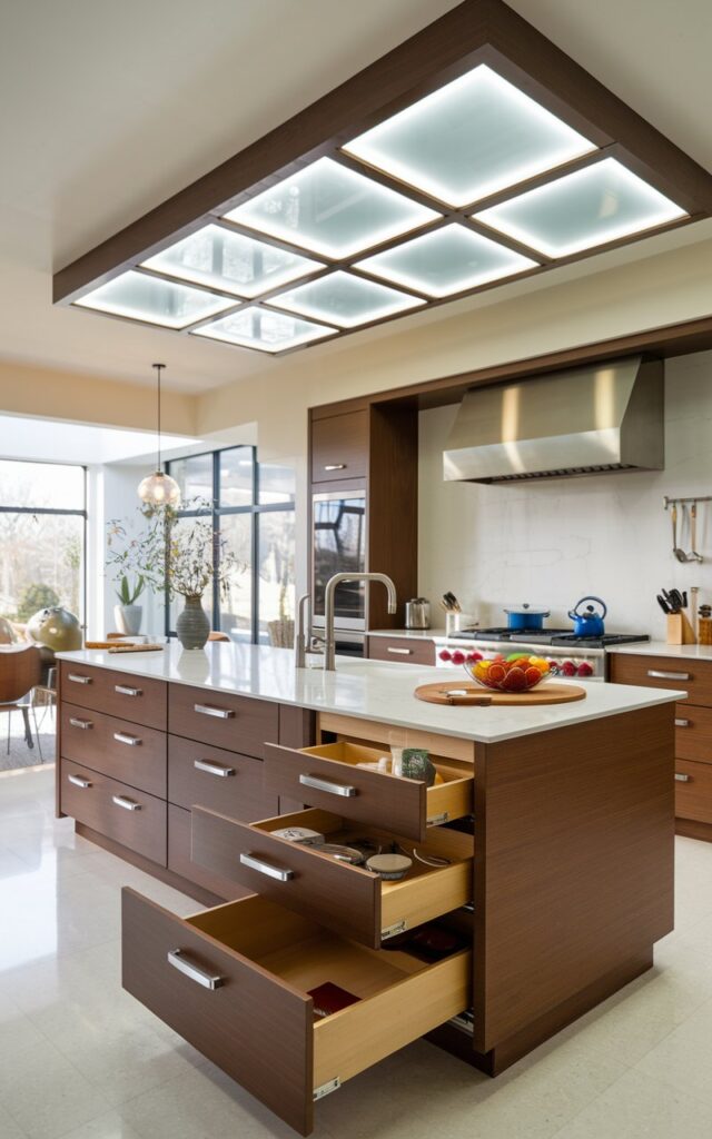 A photo of a mid-century modern kitchen with an island that has hidden drawers and pull-out compartments. The island also has a sink, a fruit bowl, a cutting board, and other essentials on top of it. The room has sufficient natural light that is not too bright.