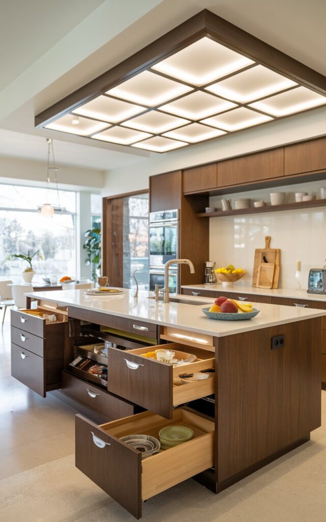 A photo of a mid-century modern kitchen with an island in the middle. The island has deep drawers and pull-out compartments. There is a sink on the island, along with a fruit bowl, a cutting board, and other essentials. The island has a glass ceiling with backlit LED panels. The kitchen has sufficient natural light, but it is not too bright.