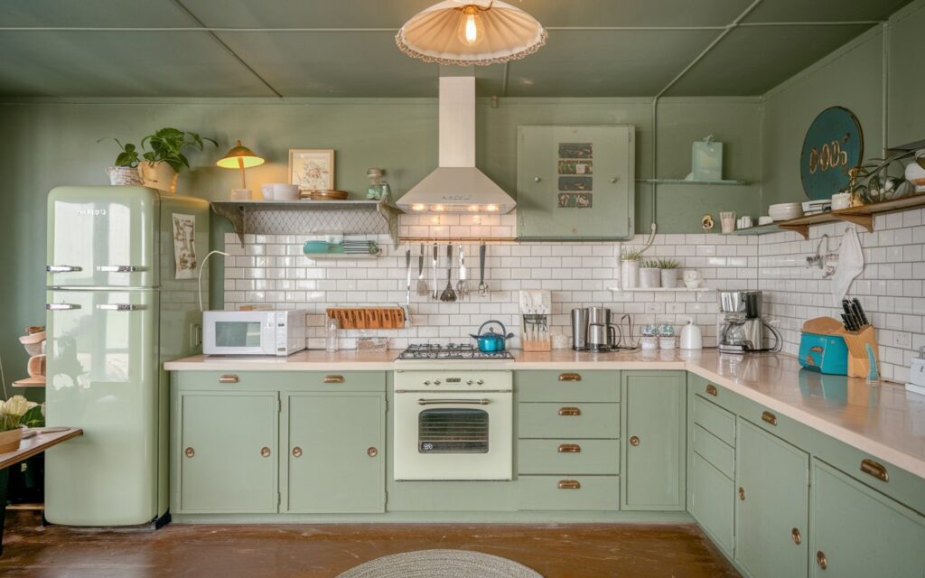 A photo of a mid-century modern, shabby chic, and art deco kitchen with a sage green wall. The kitchen is fully furnished, with appliances, a countertop, a ceiling, and a floor that all complement the wall. The lighting is warm.