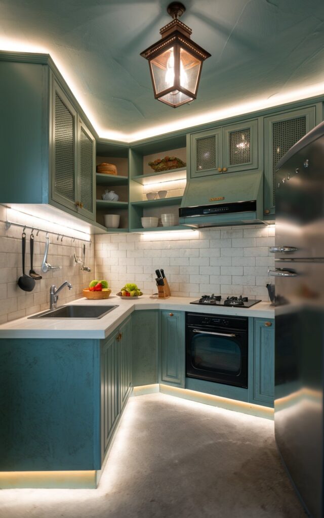 A photo of a small galley kitchen with a Zen and Mediterranean design. The kitchen has cabinets with LED under strips and a vintage lantern ceiling. The room has no natural lighting, with all light coming from the LED under cabinet lights. There is a sink, stove, and refrigerator in the kitchen.