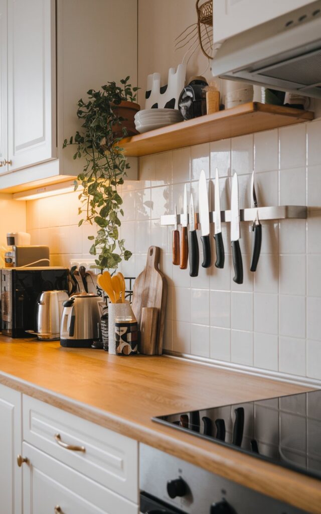 A photo of a modern Boho small galley kitchen with a magnetic knife strip to free up counter space. The countertop has a few appliances and a plant. The eye-level shot has warm lighting.