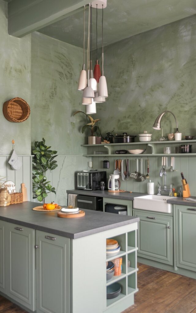 A photo of a modern French country kitchen with sage green textured walls, grey cabinets, and a grey countertop. There is a cluster pendant light above the kitchen island. The kitchen is fully furnished with appliances, cookware, and utensils. There is a basket on the wall and a potted plant near the sink. The floor is made of wood.