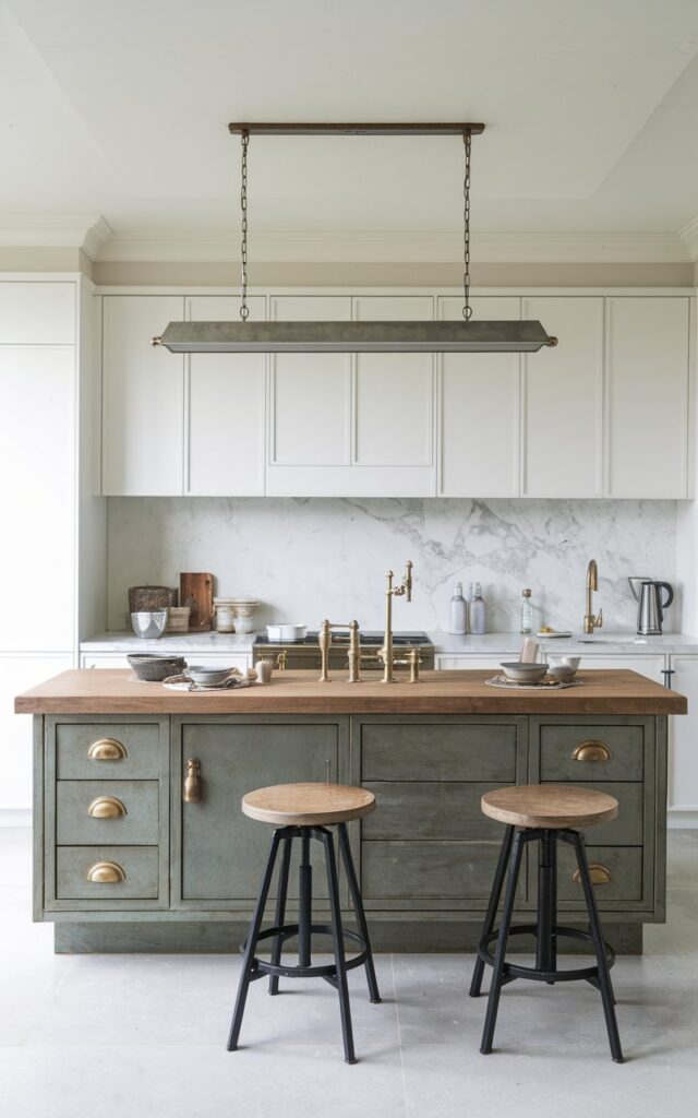 A photo of a modern Japandi kitchen with a large island in the center. The island has a wooden top and features metallic accents such as brass or copper in the drawer handles, stools, faucet, and other essentials placed on top of it. The kitchen is fully-furnished with white cabinets and a marble backsplash. The ceiling has a linear pendant light in a metallic finish. The natural light is diffused and soft.