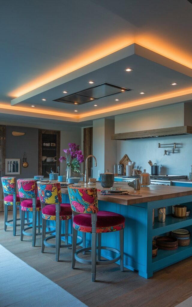A photo of a modern craftsman kitchen with an island. The island has upholstered stools in bold, bright, patterned colours with velvet cushions. The island is fully furnished with cooking essentials. There's a floating ceiling with ambient LED lighting. The natural light is dim.
