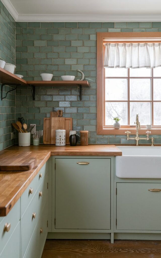 A photo of a modern craftsman style house with a minimalistic sage green kitchen. The kitchen has green glass tiles on the wall. There is a wooden countertop with a few utensils placed on it. The kitchen has a white sink and a white cabinet. There is a window in the kitchen with a curtain. The floor is made of wood.