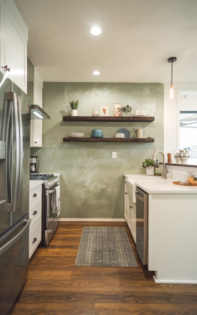A photo of a modern farmhouse kitchen with a sage green faux texture wall, a dark wooden floating shelf, and a full white cabinet. The kitchen is fully furnished with a stove, oven, refrigerator, sink, and dishwasher. There is a wooden floor with a rug. There is a recessed ceiling with LED lighting.