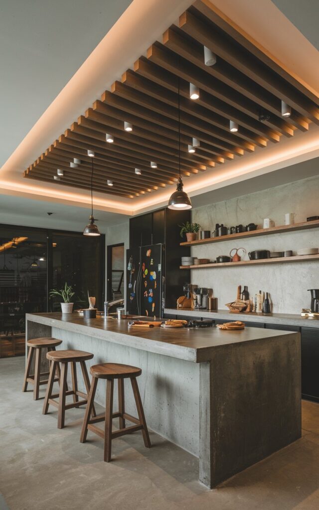 A photo of a modern industrial kitchen with a waterfall edge concrete island. The island has a fully-furnished preparation area with cooking essentials. There are wooden stools placed near the island. The ceiling has wooden slats and integrated downlights. The lighting is diffused and soft.