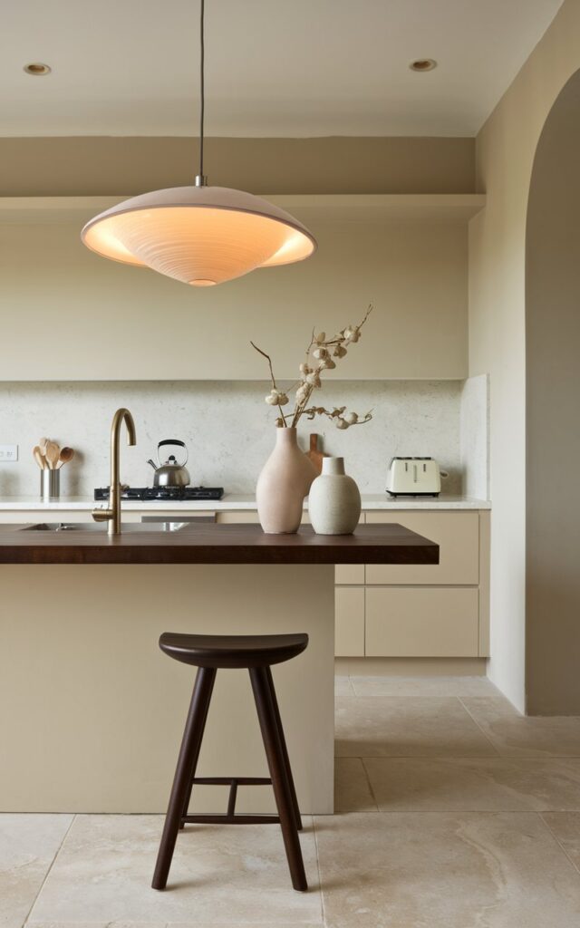 A photo of a modern kitchen with a unique concha pendant light over a kitchen island. The island has a dark brown wooden countertop and a few essentials, including a kettle, a toaster, and a vase. There is a dark brown wooden stool at the end of the island. The walls and cabinets are painted in a soft beige color. The floor is covered with beige tiles.