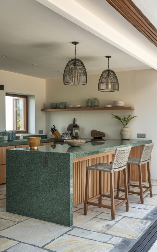 A photo of a modern kitchen with a green granite and wood island. The island has a coastal touch with its ceiling, furniture, and decor. There is seating at the island. The floor has stone tiles. The lighting is diffused.