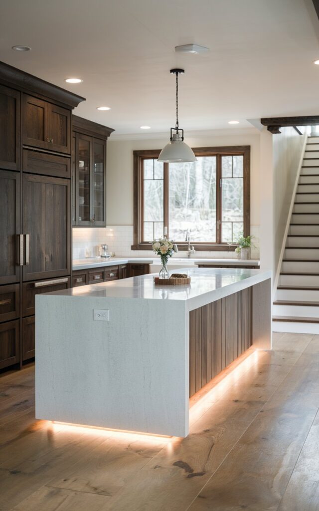 A photo of a farmhouse kitchen with a modern kitchen island having recessed LED strip lighting underneath that gives a soft glow on the floor. The island features a sleek, waterfall edge. It has a white, quartz countertop that extends down to the floor, creating a seamless flow. The island is surrounded by dark wood cabinets and a light wood floor. There's a pendant light hanging above the island. The background contains a window with a view of nature and a set of stairs.
