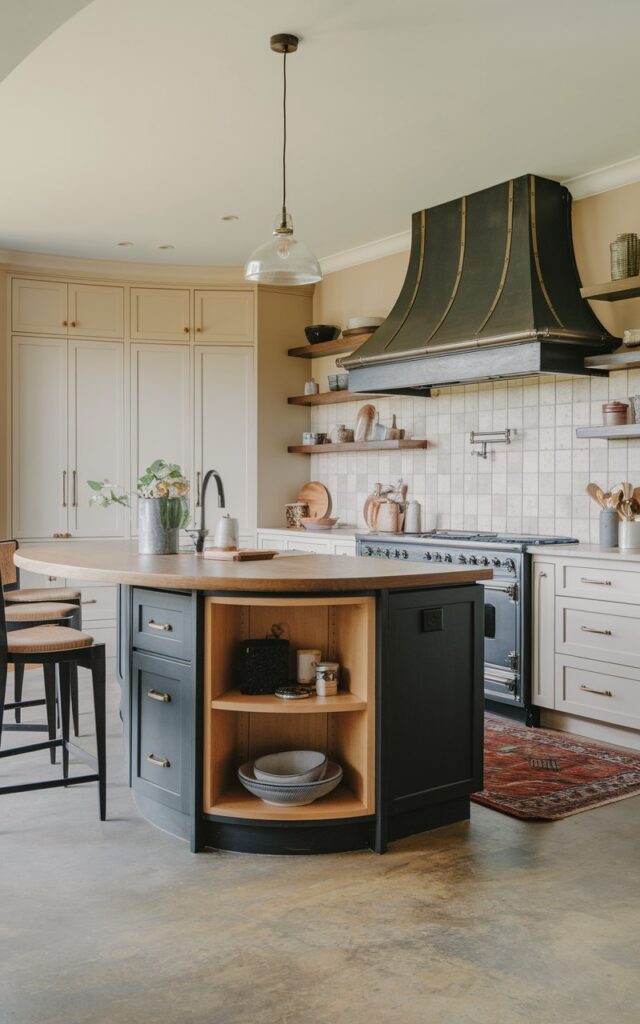 A photo of a modern kitchen with a curved-edge island. The island has dark cabinets, a few open wooden shelves, a stylish rangehood, a backsplash, and a few items on top. There are barstools at the island, a rug beneath the island, and a pendant light above the island. The cabinets and walls have a light colour. The floor has a medium colour. The overall lighting is soft.