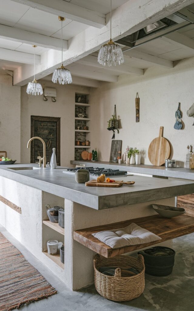 A photo of a modern rustic kitchen with a concrete countertop island. The island has a sink, a stove, and a few decorative items. There is a wooden board with a few ingredients on the countertop. There's a wooden seat with a cushion beneath the counter. The walls have a few hanging items. The ceiling has crystal pendant lights. The floor has a contrasting rug.