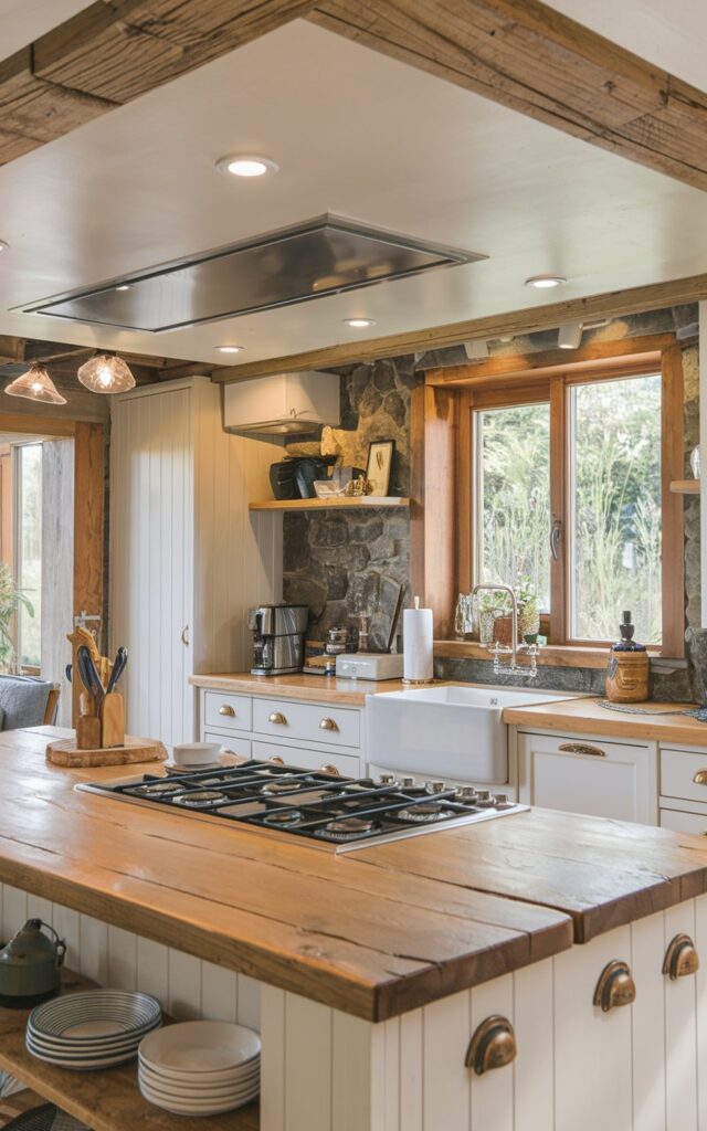 A photo of a modern rustic kitchen with an island. The island has a cooktop for cooking purposes, a sink, and other essentials. The island ceiling has a built-in hood and lights. The kitchen has wooden elements, white cabinets, and a stone backsplash. There is a window near the sink with greenery outside.