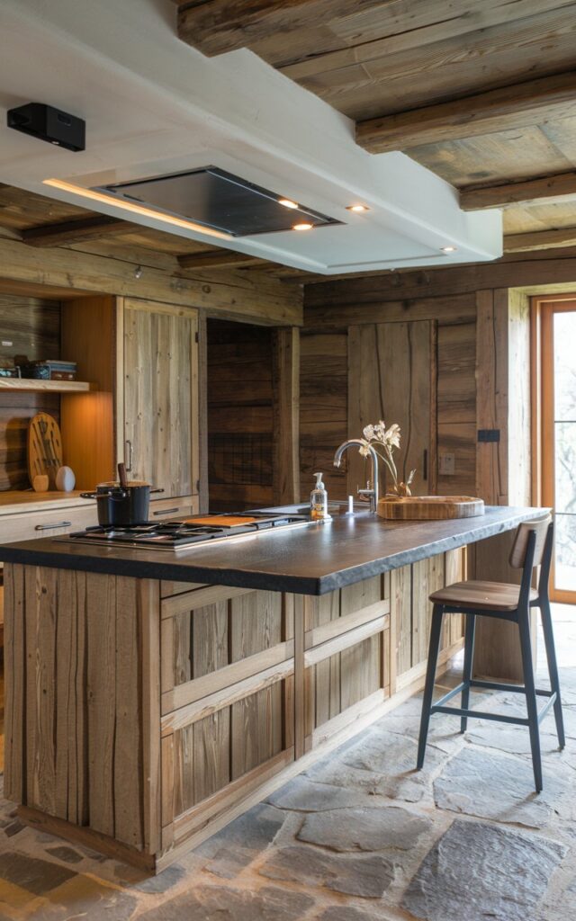 A photo of a modern rustic kitchen with an island. The island has a Cooktop. The island ceiling has a built-in hood and lights. The walls and cabinets are made of wood. There is a chair at the end of the island. The floor is made of stone.