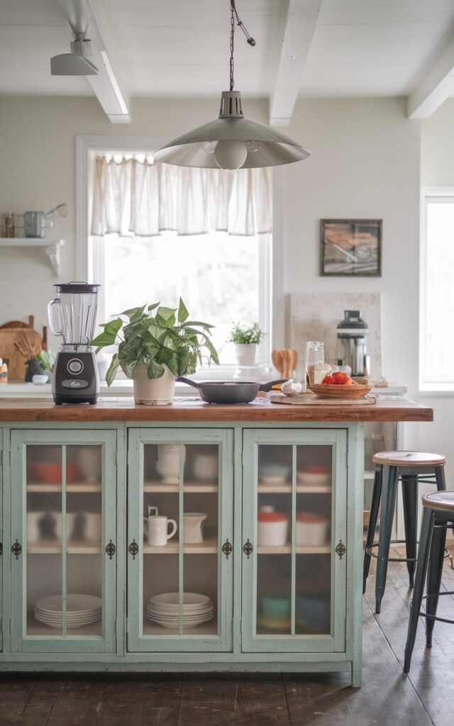 A photo of a modern shabby chic kitchen island with cabinet doors made of frosted glass panels for a semi-transparent look. The island has a rustic wooden top, a green plant, a few cooking essentials like a blender and a skillet, and a seating area. There's a unique pendant light hanging from the ceiling above the island. The background reveals a white wall and a window with a curtain.
