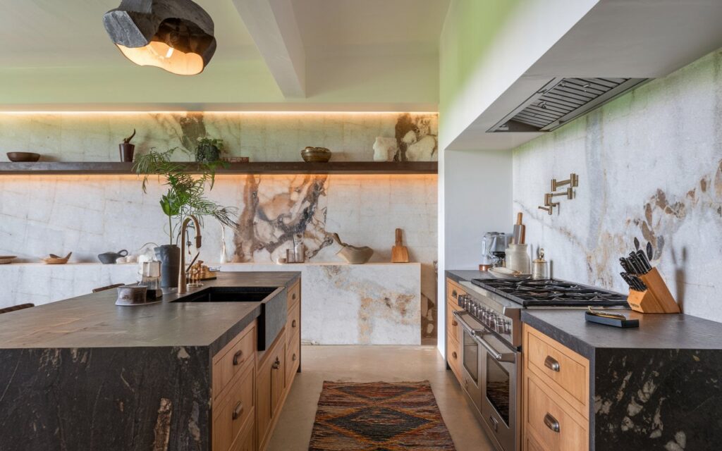 A photo of a modern transitional and boho kitchen with a natural stone backsplash in a combination of dark and light colours. The kitchen is fully furnished, with a dark granite countertop and light marble backsplash. There is a rug on the floor and a unique pendant light hanging from the ceiling. The lighting is warm and ambient.