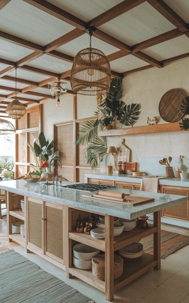 A photo of a Balinese-style boho kitchen with a large island. The island has a marble slab for rolling dough and is equipped with essentials such as a sink, cooktop, and storage. The room has wooden beams, vintage light fixtures, and a rattan basket. The walls have tropical plants and a wooden shelf. Floor has a rug. The eye-level shot is focused on the marble slab.