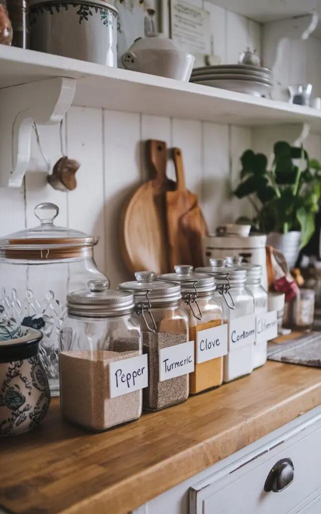 A photo of a Japandi + shabby chic kitchen countertop with a white cabinet and a green plant in the background. There are mason jars filled with spices with handwritten labels such as "Salt", "pepper", "Turmeric", "Coriander", "Clove", "Cardamom". There are vintage cookie jars, kitchenware, and other essentials on the countertop. The countertop has a wooden element.