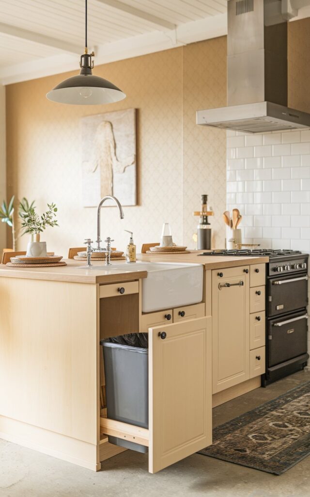 A photo of a Scandi-style kitchen with a large, fully furnished island. The island has a pull-out bin under the sink for trash. It contains a sink, a stove, a microwave, and a few cabinets. The background is a beige patterned wall with a wall art. The lighting is warm and mild. The floor has a rug.